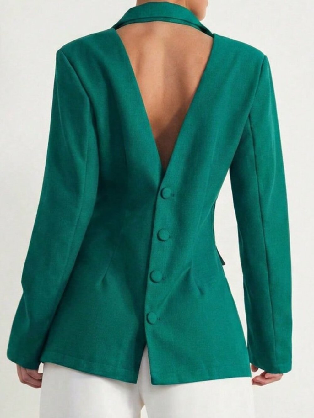 Green Elegant Women's French Double-Breasted Sexy Backless Blazer - Picture 2 of 5